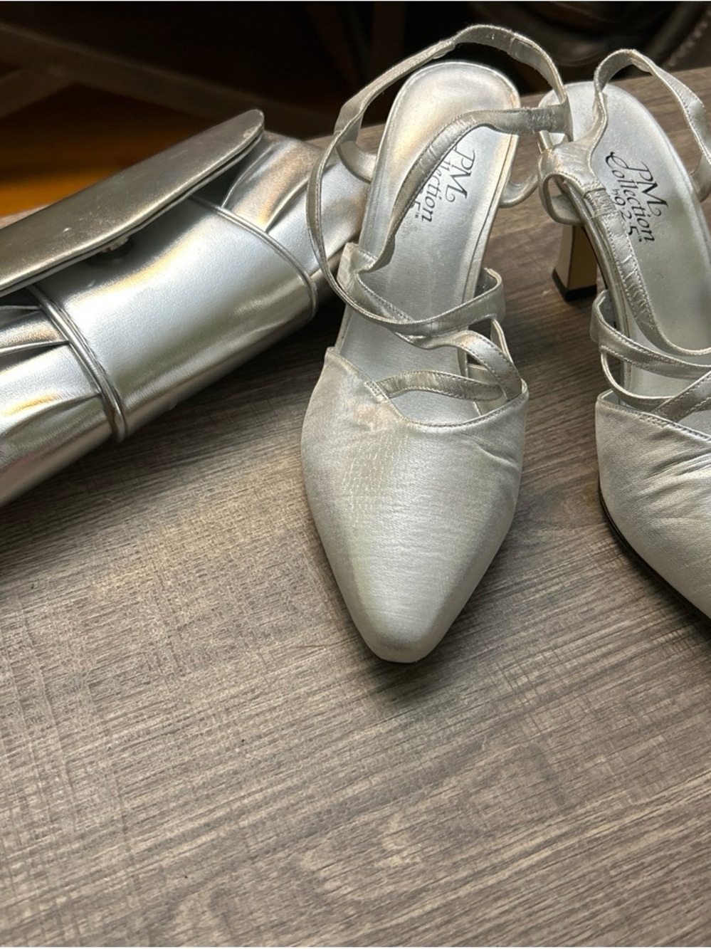 JM Collection Silver Pointed Slingback Heels with Matching Clutch